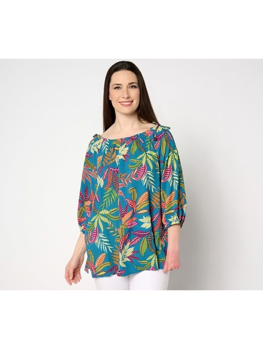 Susan Graver PURE Rayon Woven 3/4-Sleeve Peasant Tunic Top Blue/Multi Size Large
